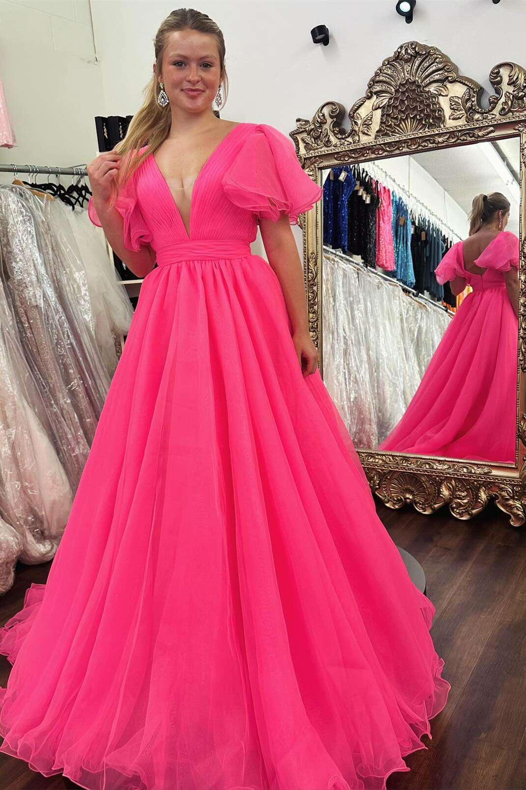 Orange A-line Long Formal Dress with Flutter Sleeves