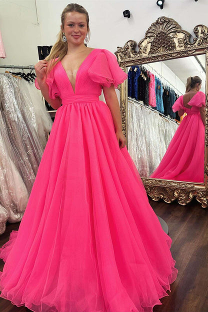 Orange A-line Long Formal Dress with Flutter Sleeves