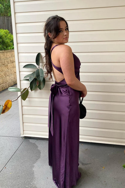 V Neck Yellow Satin Bow Back Party Dress