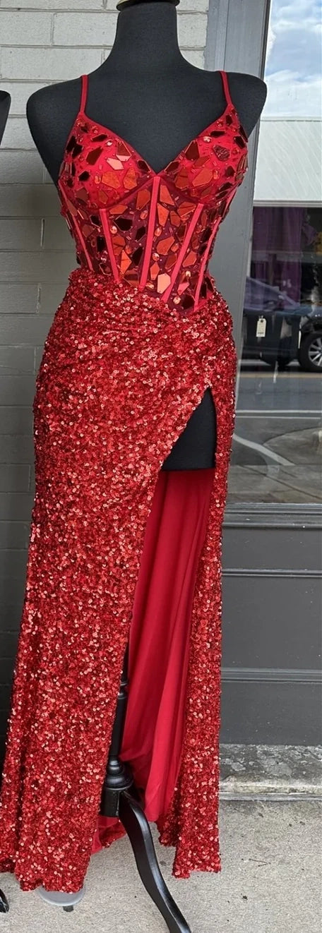 Spaghetti Straps V-Neck Prom Dresses Glass Mirror Evening Party Dress Sequin Mermaid Graduation Dress,AST2213