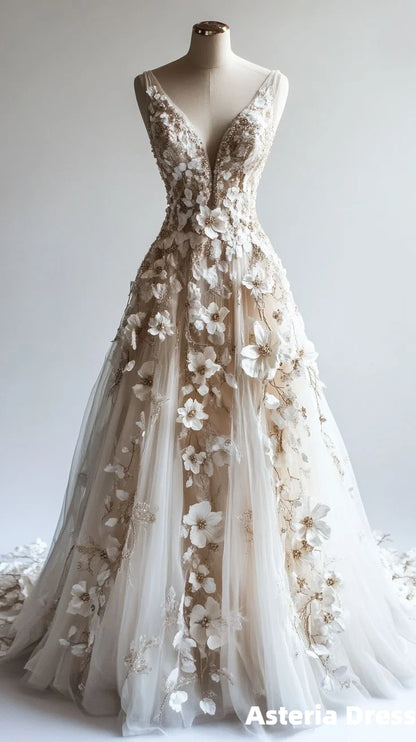 Retro A-Line V-Neck Tulle 3D Applique Wedding Dress Simple Beaded Ball Gown