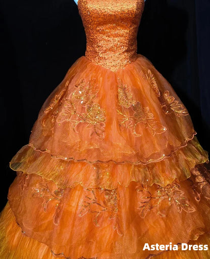 Retro Orange A-Line Strapless Tulle Sequin Long Prom Dress Gorgeous Wedding Dress