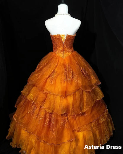 Retro Orange A-Line Strapless Tulle Sequin Long Prom Dress Gorgeous Wedding Dress
