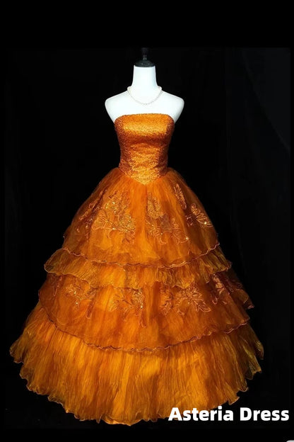 Retro Orange A-Line Strapless Tulle Sequin Long Prom Dress Gorgeous Wedding Dress