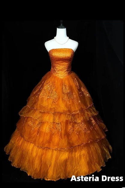 Retro Orange A-Line Strapless Tulle Sequin Long Prom Dress Gorgeous Wedding Dress