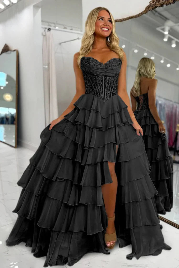 A Line Sweetheart Red Chiffon Long Prom Dress with Appliques