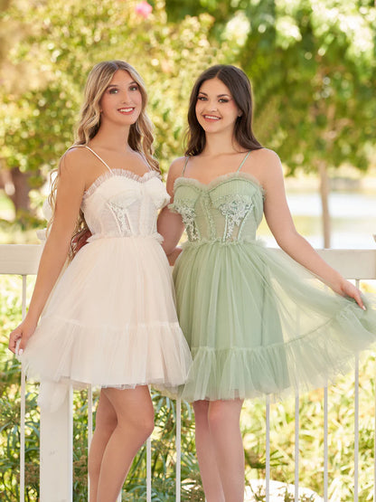 Spaghetti Straps Homecoming Dress Tulle Lace Appliques Short Prom Dresses With Bow, AST1089