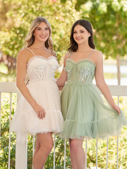 Spaghetti Straps Homecoming Dress Tulle Lace Appliques Short Prom Dresses With Bow, AST1089