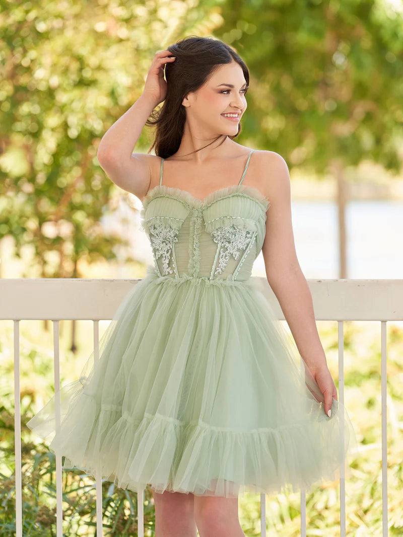 Spaghetti Straps Homecoming Dress Tulle Lace Appliques Short Prom Dresses With Bow, AST1089