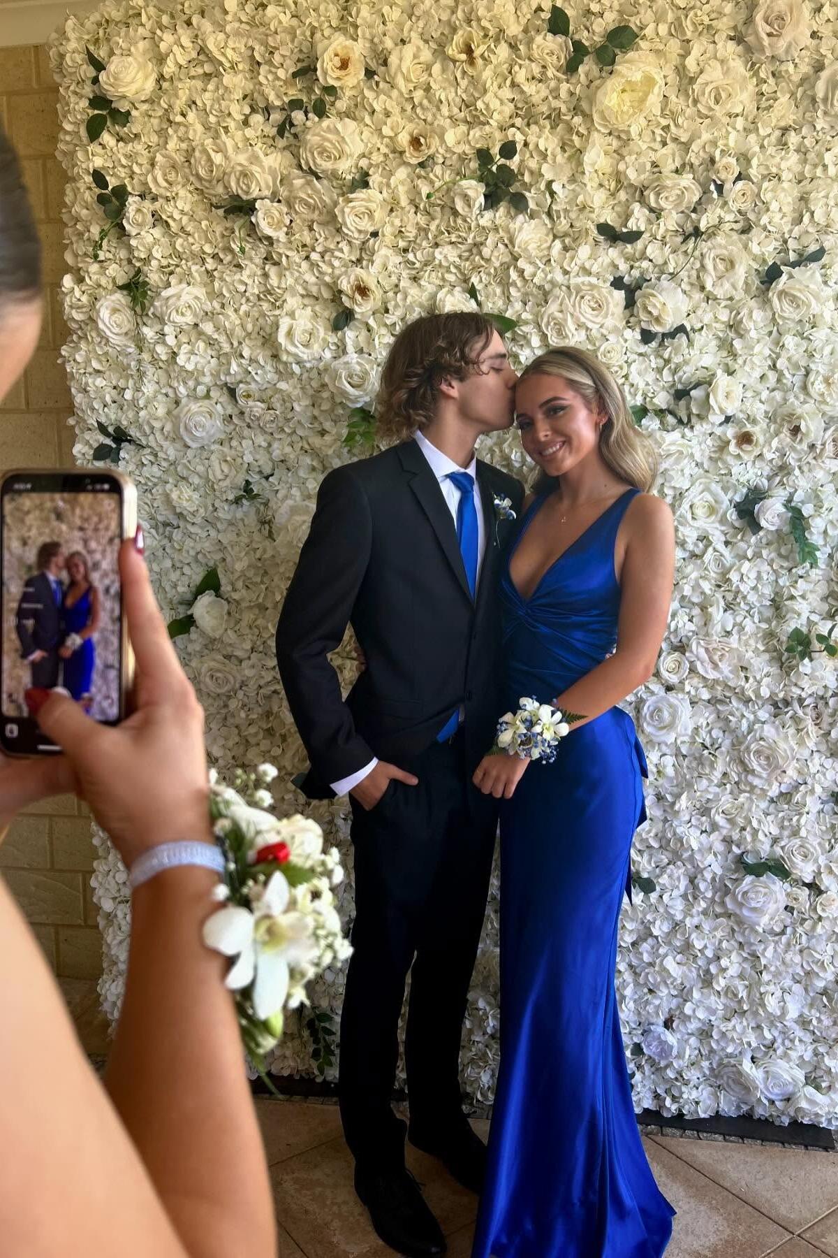 V Neck Yellow Satin Bow Back Party Dress