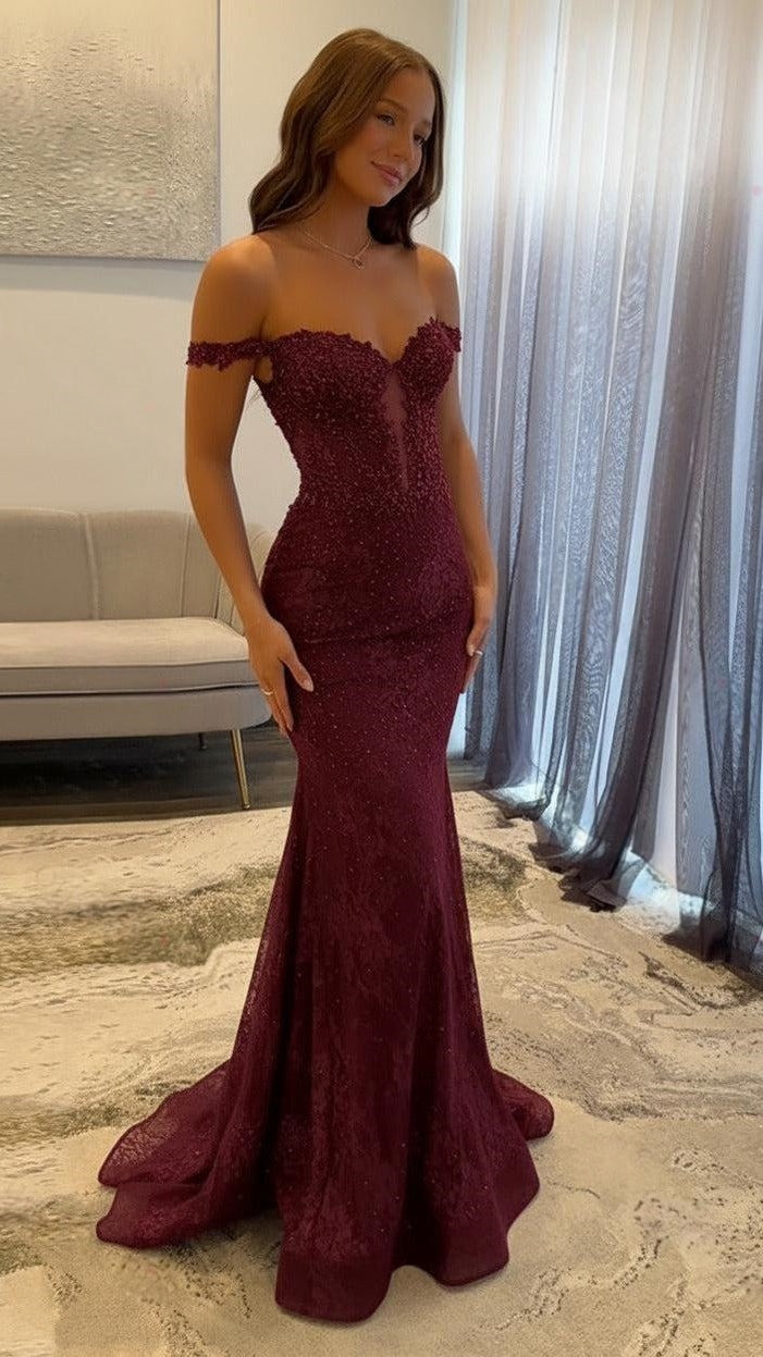 Off The Shoulder Mermaid Prom Dresses Lace Appliques Evening Party Dress,AST2290