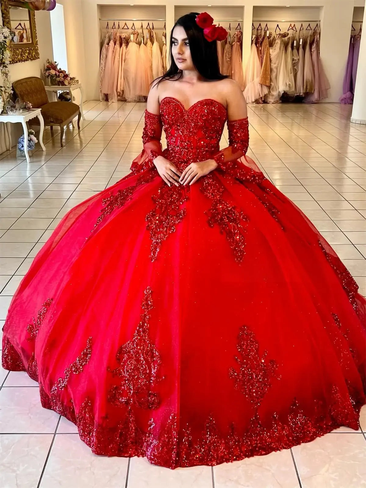 Red Beaded Quinceanera Dresses Party Prom Ball Gowns Princess Sweet 16 Dresses,AST1304