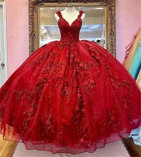 Red Quinceanera Dresses 3D Floral Glitter Appliques Sweet 15 16 Beaded Ball Gown, AST1305