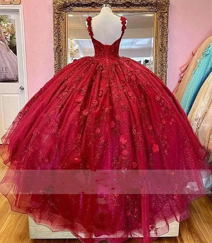 Red Quinceanera Dresses 3D Floral Glitter Appliques Sweet 15 16 Beaded Ball Gown, AST1305