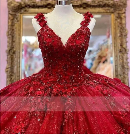 Red Quinceanera Dresses 3D Floral Glitter Appliques Sweet 15 16 Beaded Ball Gown, AST1305