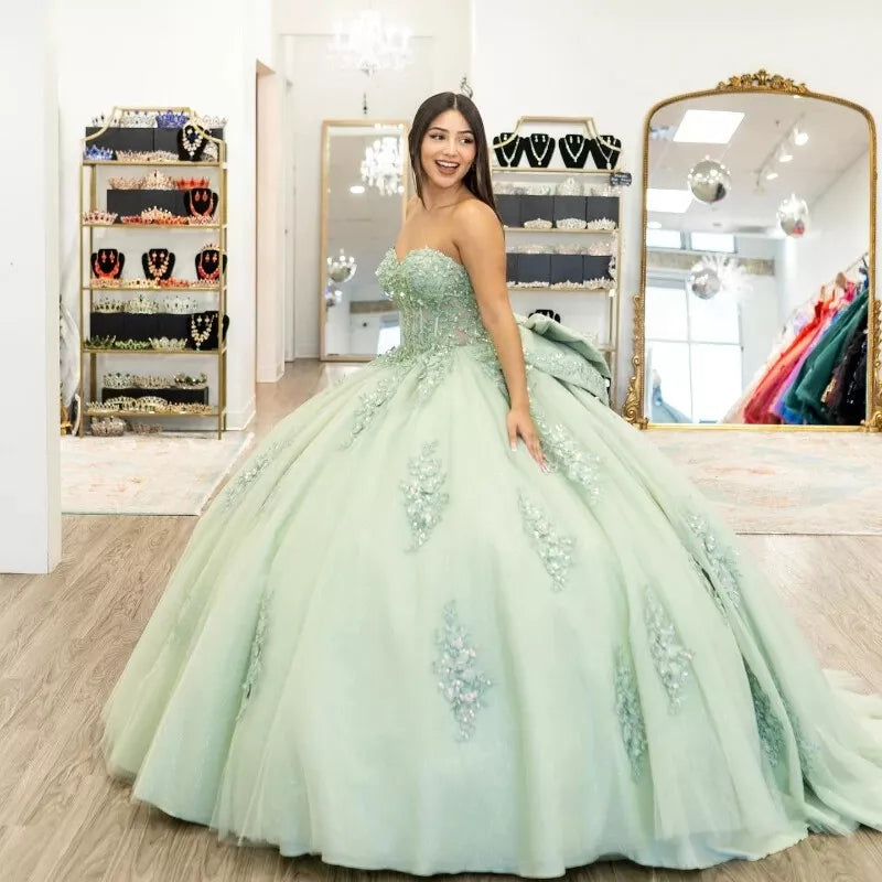 Sage Green Sweetheart Quinceanera Dresses Sweet 16 Off The Shoulder Prom Gowns AST1306