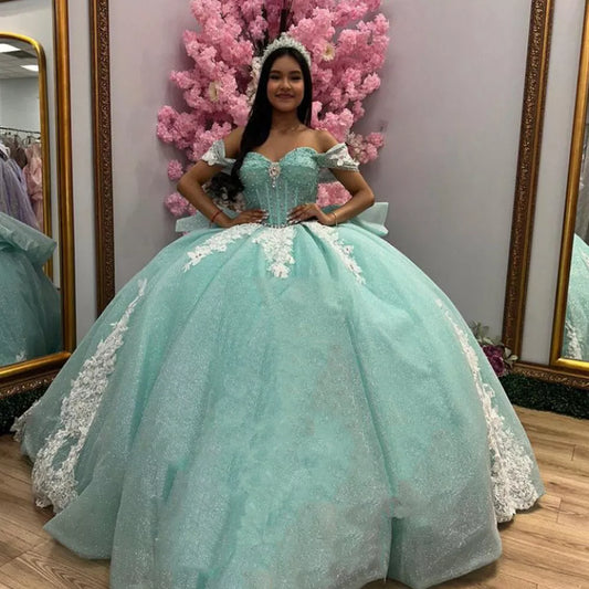 Green Quinceanera Dress Sweet 16 Off the Shoulder Glitter Party Prom Ball Gowns, AST1307