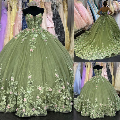 Green Quinceanera Dresses Princess Ball Gown 3D Flowers Party Sweet 16 Dresses, AST1308