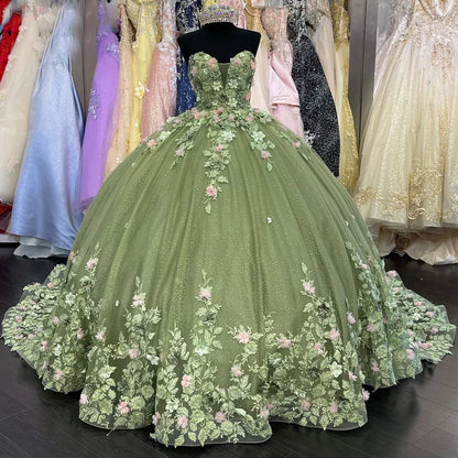 Green Quinceanera Dresses Princess Ball Gown 3D Flowers Party Sweet 16 Dresses, AST1308