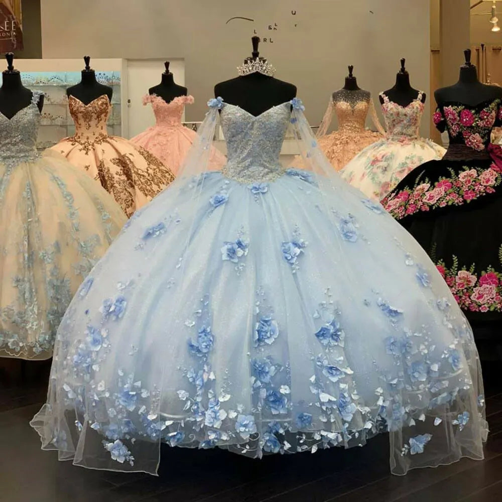 3D Flowers Blue Quinceanera Dress with Cape Off Shoulder Sweet 16 Prom Ball Gown, AST1312