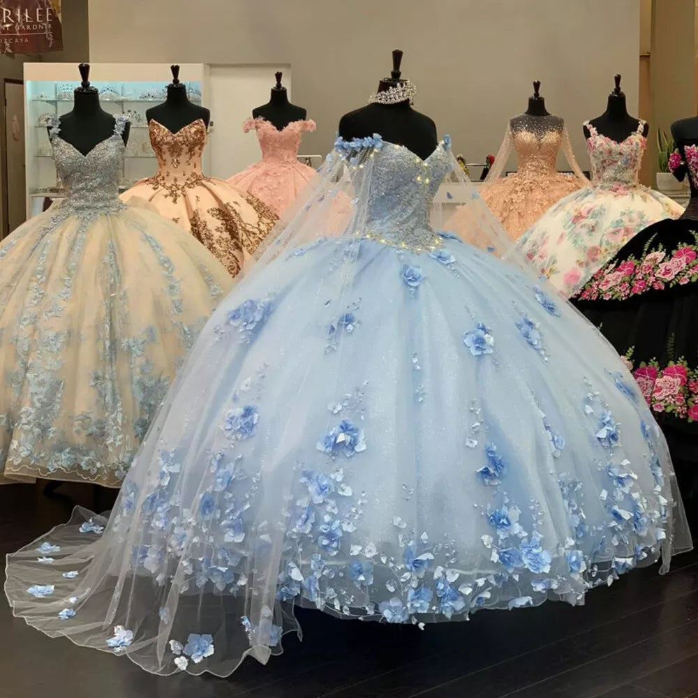 3D Flowers Blue Quinceanera Dress with Cape Off Shoulder Sweet 16 Prom Ball Gown, AST1312