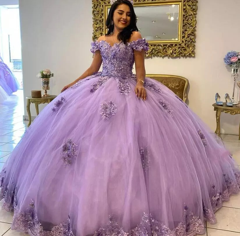 Purple Quinceanera Dresses Off The Shoulder Ball Gown 3D Floral Sweet 16 Dresses, AST1316