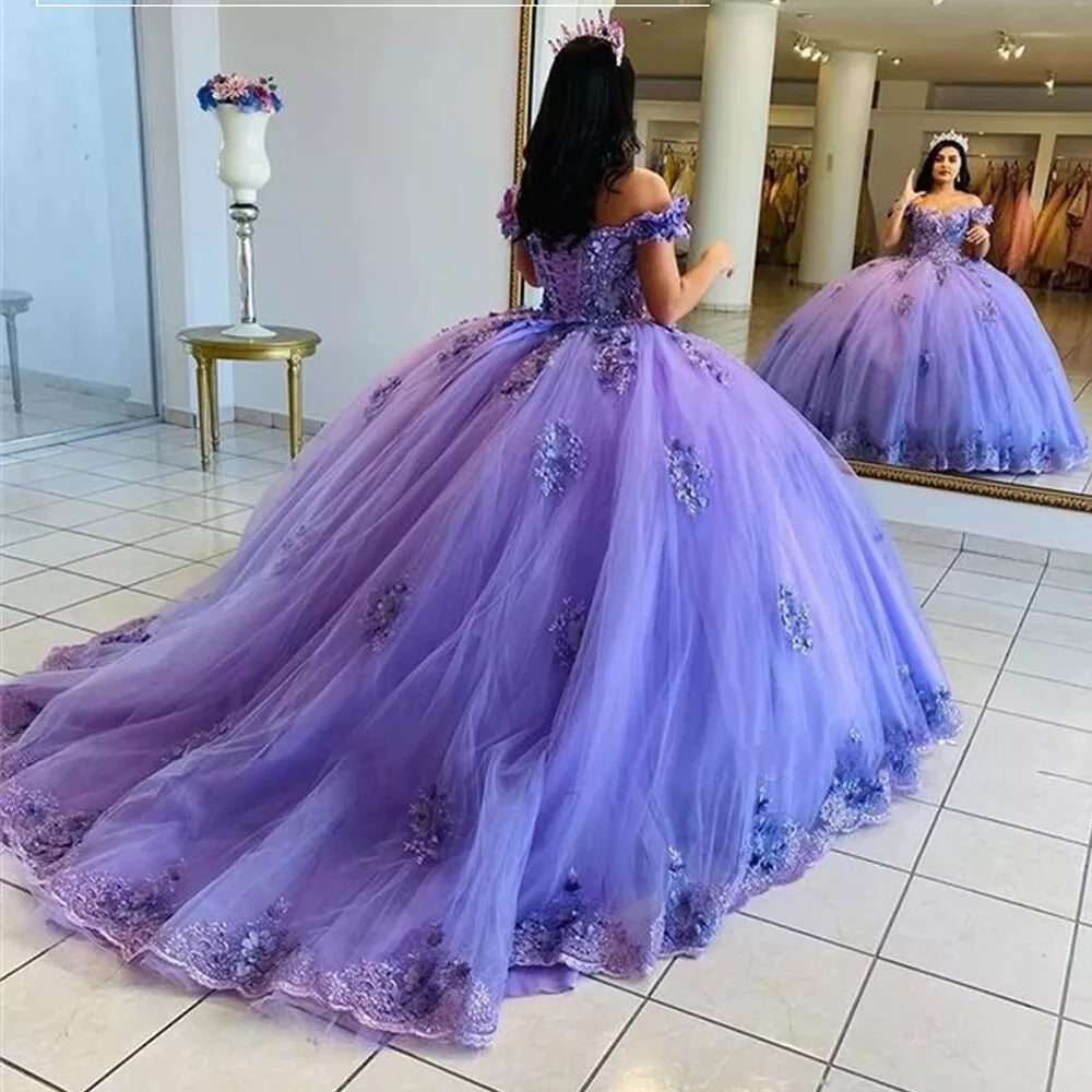 Purple Quinceanera Dresses Off The Shoulder Ball Gown 3D Floral Sweet 16 Dresses, AST1316