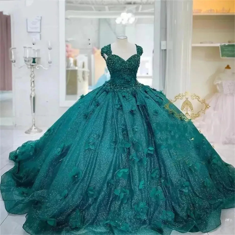 3DFlowers Ball Gown Quinceanera Dresses Teal Green Prom Graduation Gowns Sweet16, AST1318