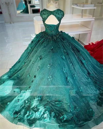 3DFlowers Ball Gown Quinceanera Dresses Teal Green Prom Graduation Gowns Sweet16, AST1318