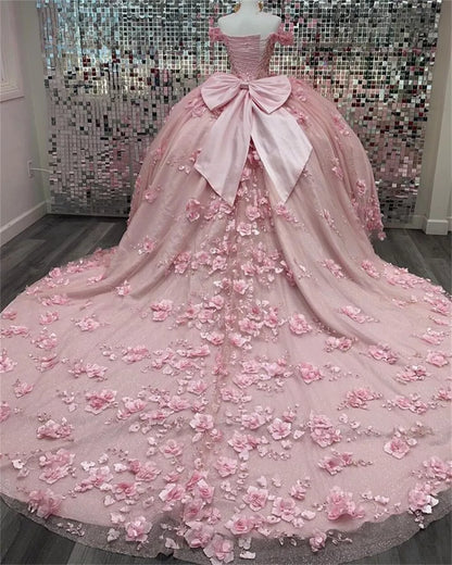 Light Pink 3D Flowers Dress Quinceanera Bow Ball Gown Quince Dresses Princess, AST1319