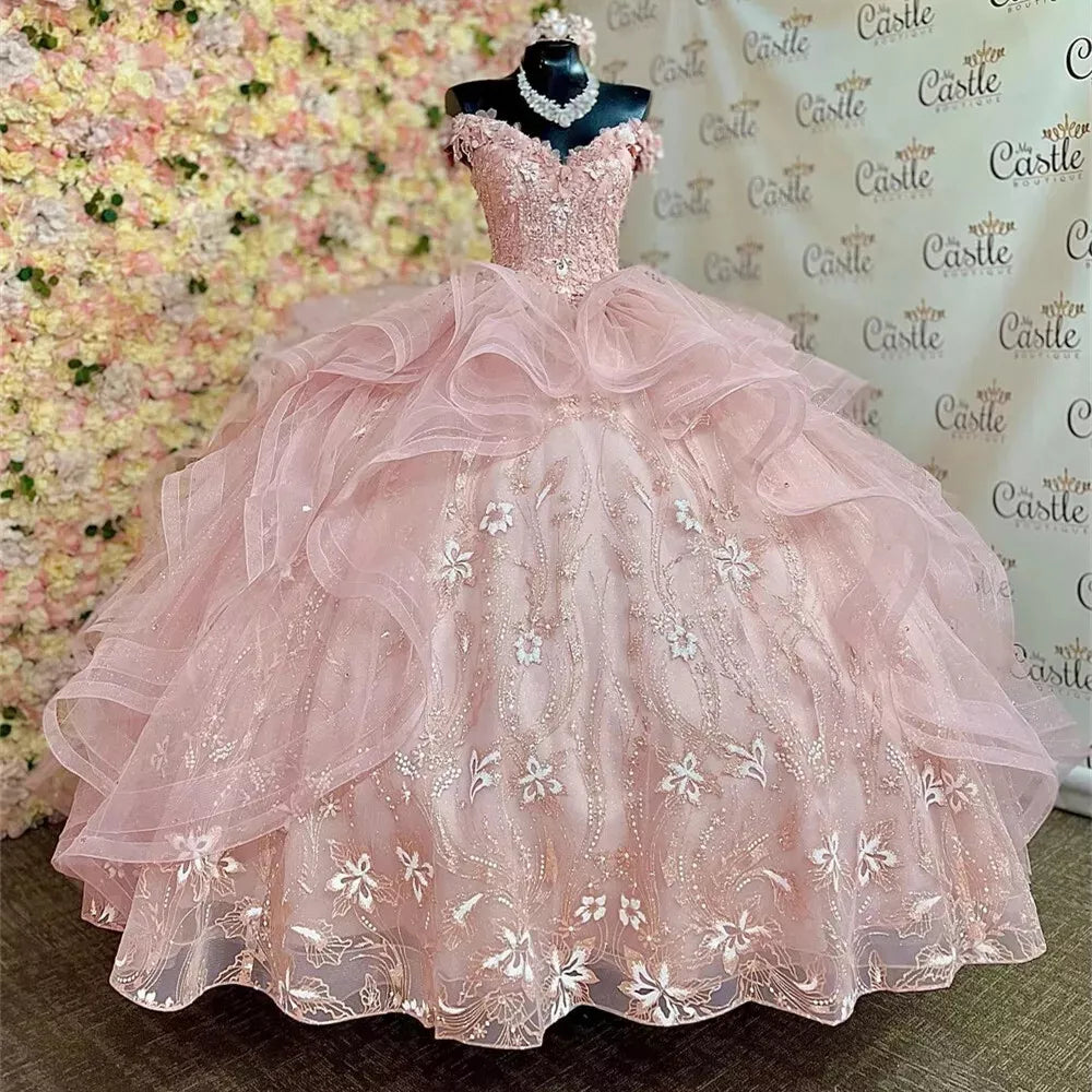 Light Pink Quinceanera Dresses 3D Flowers Ball Gown Birthday Gown Sweet16 Dresse, AST1320