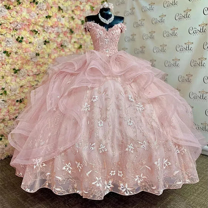 Light Pink Quinceanera Dresses 3D Flowers Ball Gown Birthday Gown Sweet16 Dresse, AST1320