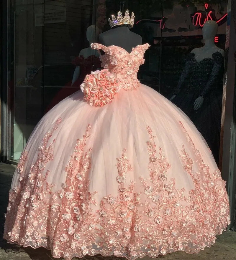 Pink Quinceanera Dresses Ball Gown Lace Appliques Beading Sweet 16 Dress Party, AST1321