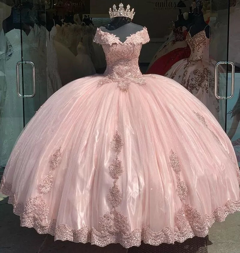 Modest Ball Gown Pink Quinceanera Dresses Off Shoulder Appliques Sweet 16 Party, AST1322