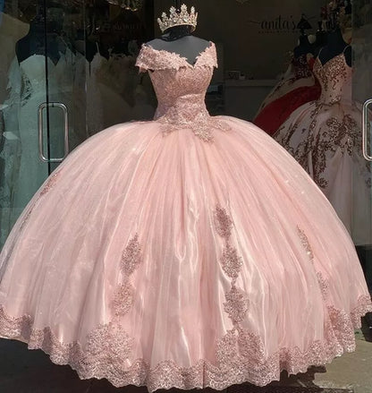 Modest Ball Gown Pink Quinceanera Dresses Off Shoulder Appliques Sweet 16 Party, AST1322