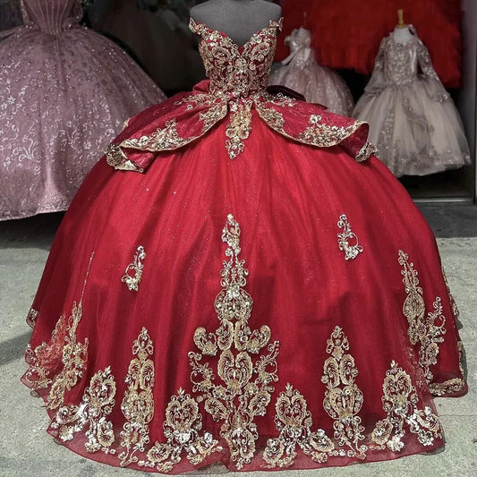 Red Quinceanera Dresses Off the Shoulder Gold Sweet 15 16 Ball Gowns, AST1325