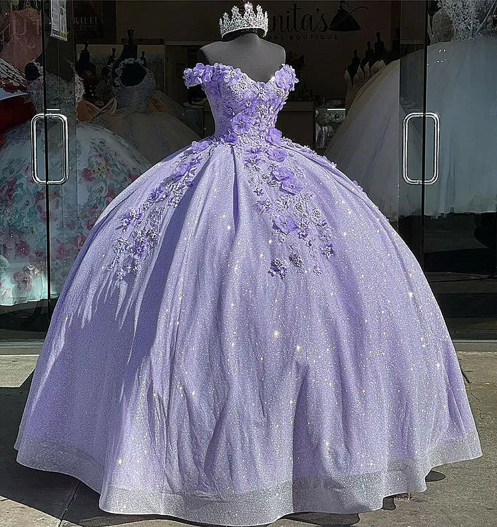 Lilac Quinceanera Dresses 3D Flower Off Shoulder Sweet 15 Party Prom Ball Gown,AST1302