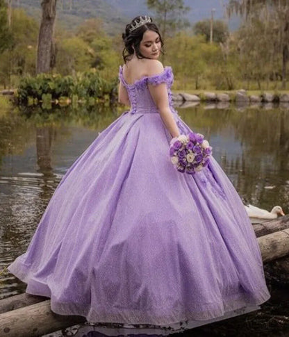 Lilac Quinceanera Dresses 3D Flower Off Shoulder Sweet 15 Party Prom Ball Gown,AST1302