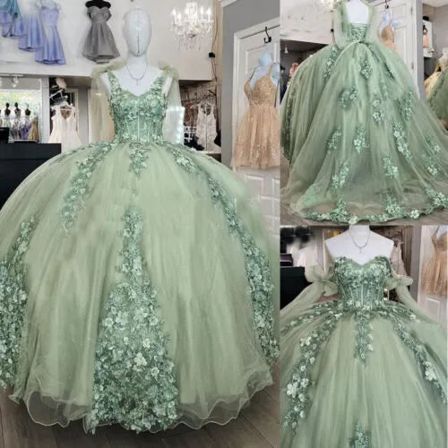 Sage Green Quinceanera Dresses Sweet 15 16 Off the Shoulder 3D Flower Ball Gown, AST1315