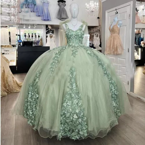 Sage Green Quinceanera Dresses Sweet 15 16 Off the Shoulder 3D Flower Ball Gown, AST1315