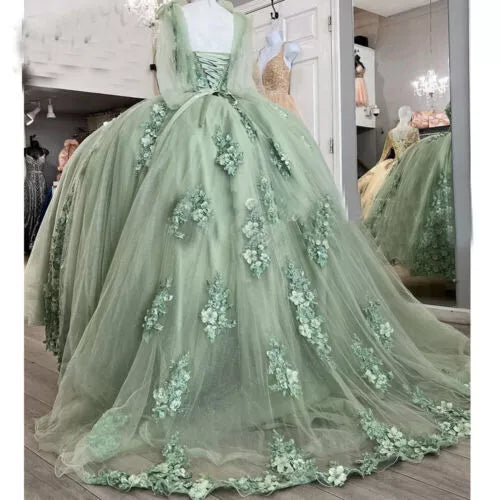 Sage Green Quinceanera Dresses Sweet 15 16 Off the Shoulder 3D Flower Ball Gown, AST1315