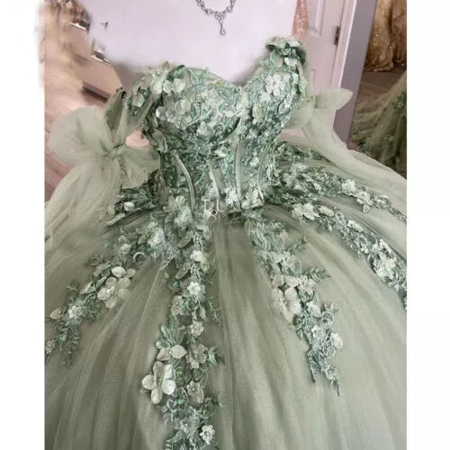 Sage Green Quinceanera Dresses Sweet 15 16 Off the Shoulder 3D Flower Ball Gown, AST1315