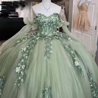 Sage Green Quinceanera Dresses Sweet 15 16 Off the Shoulder 3D Flower Ball Gown, AST1315