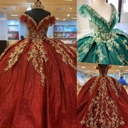 Emerald Green Red Quinceanera Dresses Off Shoulder Gold Lace Sweet 16 Ball Gowns, AST1324