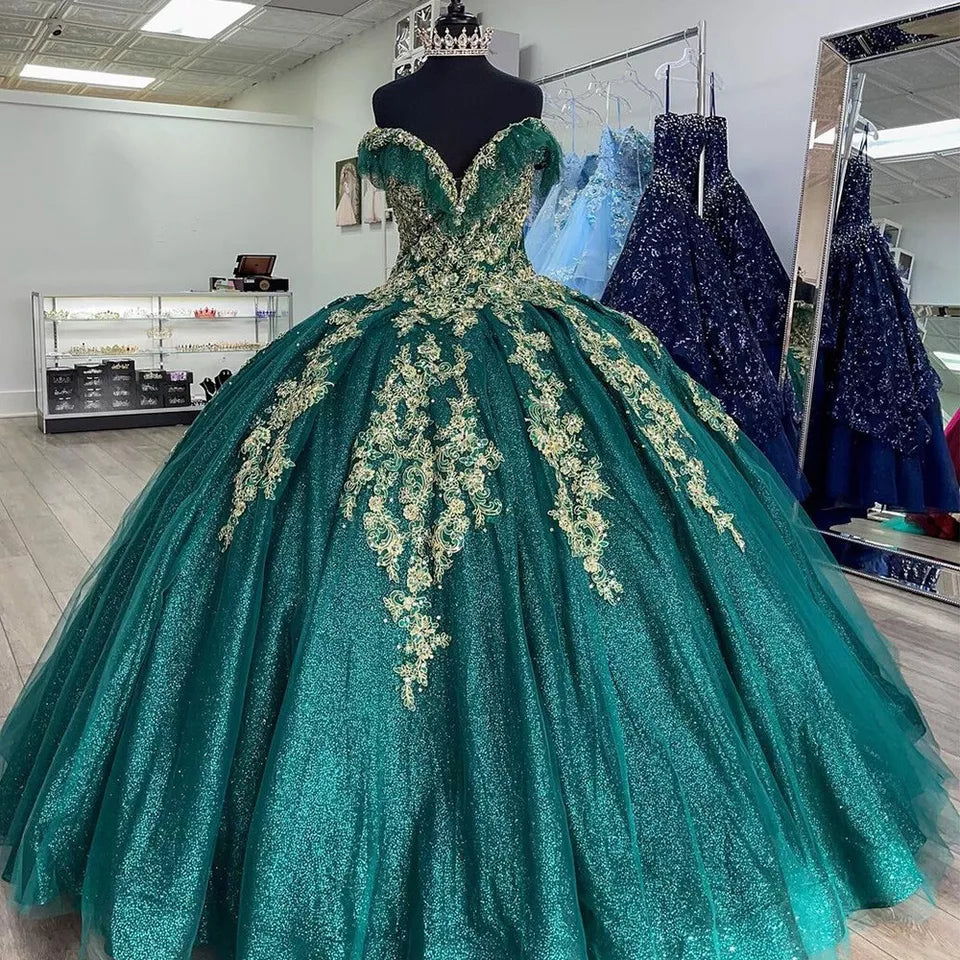 Emerald Green Red Quinceanera Dresses Off Shoulder Gold Lace Sweet 16 Ball Gowns, AST1324