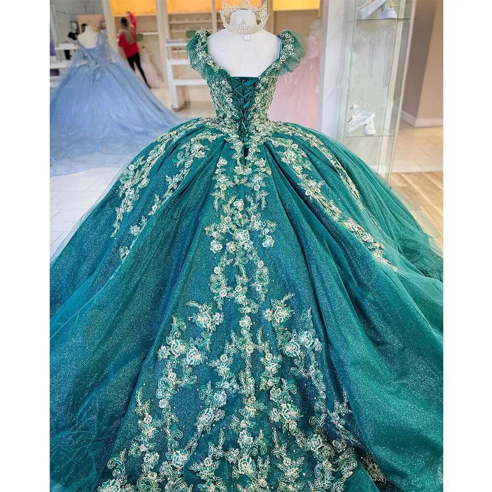 Emerald Green Red Quinceanera Dresses Off Shoulder Gold Lace Sweet 16 Ball Gowns, AST1324