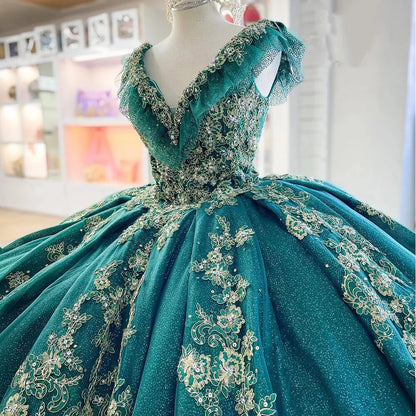 Emerald Green Red Quinceanera Dresses Off Shoulder Gold Lace Sweet 16 Ball Gowns, AST1324