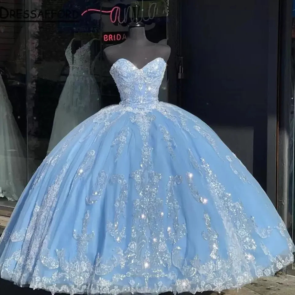 Blue Strapless Princess Quinceanera Dresses Sequins Applique Sweet 15 Ball Gowns, AST1314