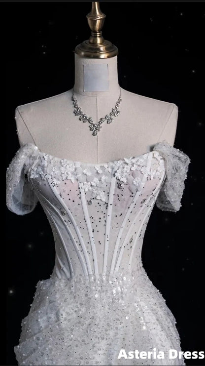 Sexy Mermaid Off The Shoulder White Lace Sequin Long Wedding Dresses Brides Dress
