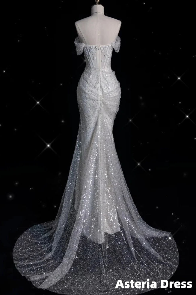 Sexy Mermaid Off The Shoulder White Lace Sequin Long Wedding Dresses Brides Dress